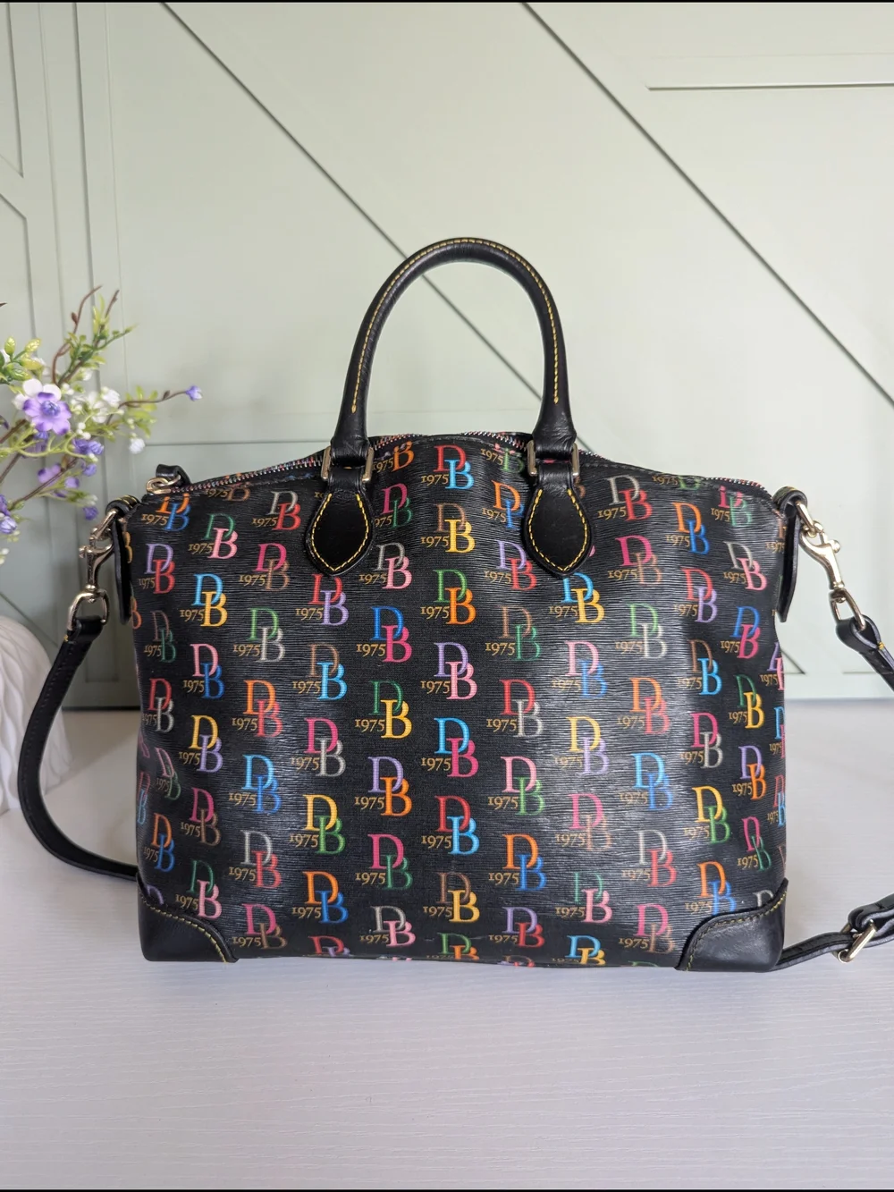 Dooney & Bourke Black Satchel with Multicolor DB Logo Print